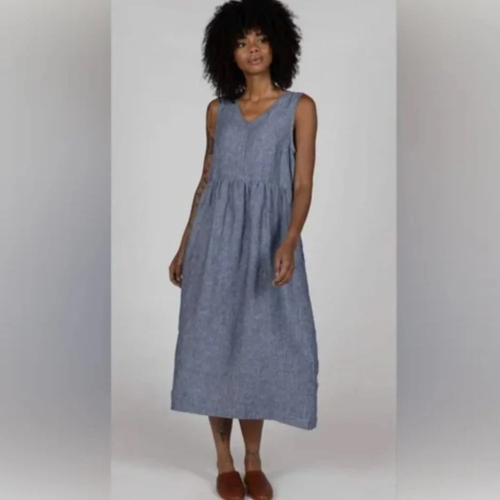 Pyne & Smith No. 21 V Neck Sleeveless Linen Dress in Oxford Chambray Size XS - Picture 8 of 9